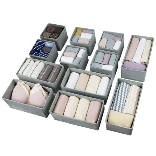 Set of 12 Drawer Organizer, Fabric Closet Organizer and Storage Baskets,Foldable Drawer Divider for Clothing,Sock,Ties,Underwear Drawer Organizers,Set of Cabinet Storage Boxes (Gray)