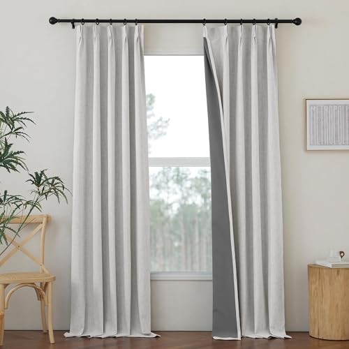 NICETOWN Natural Living Room Curtains 108 inch Length 2 Panels, Pinch Pleated 100% Blackout Curtains Linen Blend Thermal Insulated Voice Reducing Wind