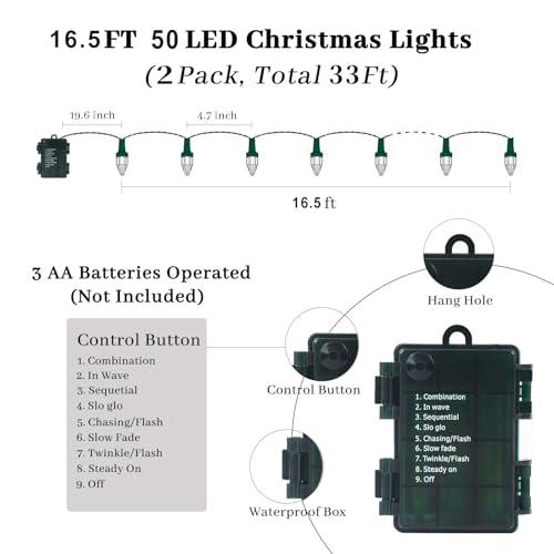 Mocalido 2 Pack Battery Operated String Lights with Remote, 16.5Ft 50LED Christmas Lights, Fairy Lights Dark Green Wire for Outdoor Indoor Garden Party Garlands Xmas Tree Decor - Image 3