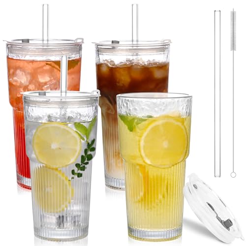 AUFXKOO 4PCS Glass Tumblers with Lids and Straws,20oz Glass Cups with Lids and Straws,Iced Coffee Cups with Lid,Drinking Glasses for Juice, Smoothies