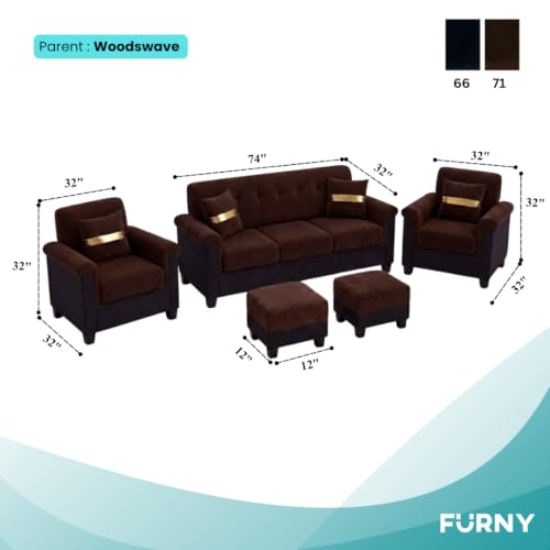 Image of FURNY Woodswave 5 Seater Sofa Set with Velvet Fabric, 3+1+1+2 Puffy Sofa Set for Living Room (Brown-Black) | Durable & Comfortable | Ideal for Living Room