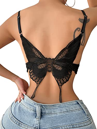 SweatyRocks Women's Lingerie Bow Front Floral Lace Bra Butterfly Shaped Wireless Bralette Underwear Black S