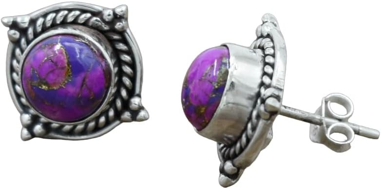 Purple Copper Turquoise Gemstone 925 Sterling Silver Studs Earring For Women And Girls Round Shape Handmade Studs Earring For Graduation, Teacher, Friend Unique Gift Ideas By NKG