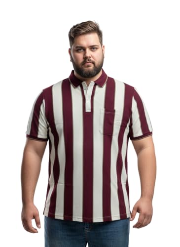 Image of Men's Plus Size Striped Polo T-Shirt with Chest Pocket, Classic Fit, Soft Cotton Blend Fabric for Casual and Smart Wear