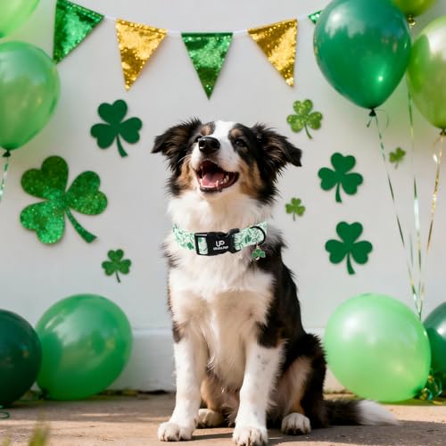 Image of St. Patrick's Day Dog Collar, UP URARA PUP Shamrock Adjustable Pet Collar with Quick Release, Daily Dog Accessories for Small Medium Large Dogs