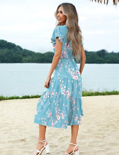 Image of Zeagoo Women's Summer Casual Dress Flutter Short Sleeve V Neck Button Down Tiered Flowy Long Dress with Pockets