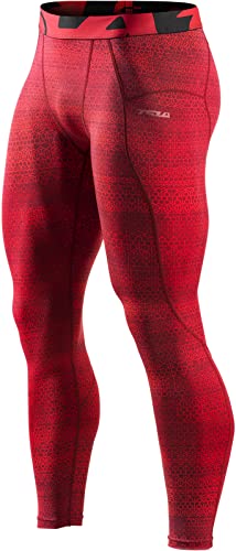 TSLA Men's Compression Leggings Running Tights Trousers, Cool Dry Gym Workout Jogging Sports Base Layers Bottoms Pants, Athletic Scale Red, M