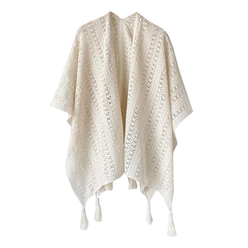 Women's Vintage Crochet Poncho Knit Shawl Wrap with Tassels