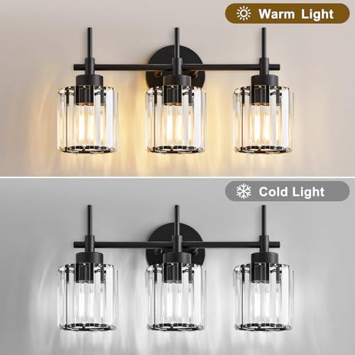 Image of EJIAXIN 3 Light Black Crystal Vanity Light, Modern Bathroom Vanity Light Over Mirror, Up and Down Mount Wall Sconce Lighting for Bathroom Bedroom Living Room Hallway