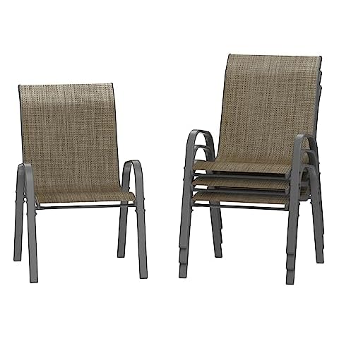 Amopatio Patio Chairs Set of 4, Outdoor Stackable Dining Chairs for All Weather, Dark Brown, Breathable Garden Outdoor Furniture for Backyard Deck Cover
