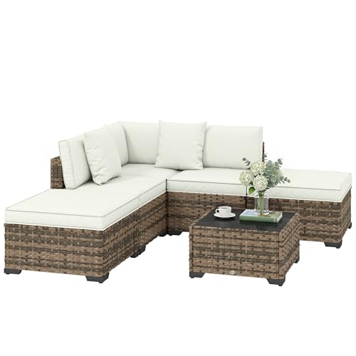 Outsunny Salon de jardin extérieur d'angle 5 places modulable en résine tressée avec canapés, repose-pieds, table basse en verre trempé et coussins, mobilier de...