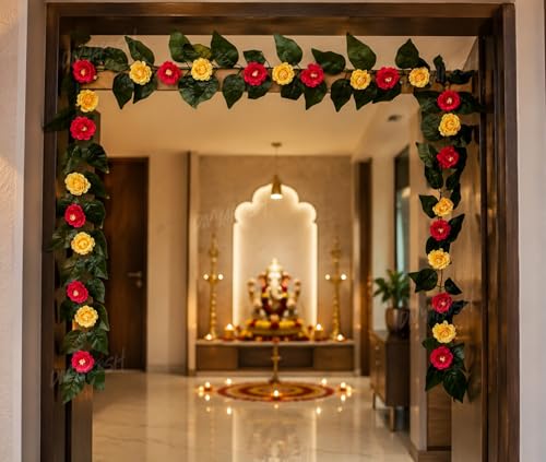Image of Divyakosh Mango Leaf Vine /Creeper witl Camellia Flowers for Door Entrance Toran /Garland, 80 Inch Artificial Flower Thoran /Bandarwal, Festive Pooja Hanging, Diwali Ganpati Navratri Home Decor
