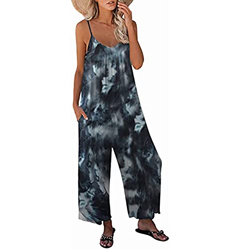 Shineshae Jumpsuit Damen Elegant Sommer Boho Mode Blumen Baggy Overall V Ausschnitt Spaghettiträger Lange Beine Latzhose Rückenfrei Sexy Einteiler Rompers Playsuits Mit Taschen Cover