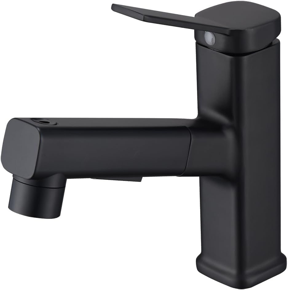 Bathroom Faucets with Pull Out Sprayer, Single Handle Bathroom Faucet, Single Hole Black Sink Faucet, 3 Water Mode Suitable for Hot and Cold Water 606 Matte Black