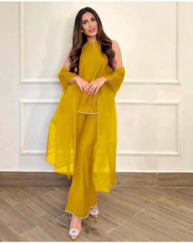 Image of Pearl Embroidered Solid Kurta Palazzo Set|Indo Western Party Outfit with Organza Net Dupatta|Sleeveless Kurti for Women