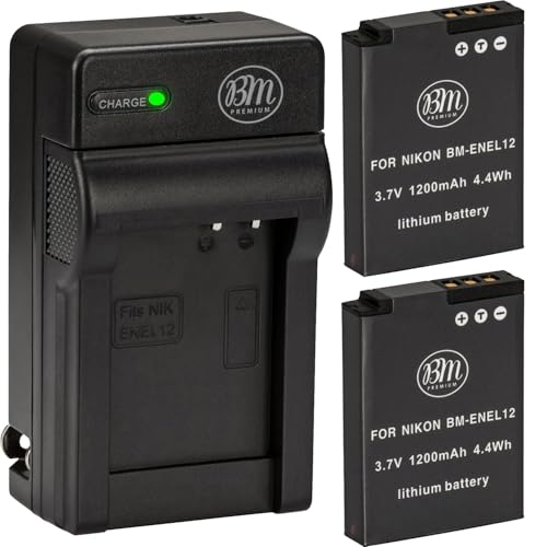 BM Premium 2 EN-EL12 Batteries and Charger for Nikon Coolpix A1000 B600 W300 A900 AW100 AW110 AW120 AW130 S6300 S8100 S8200 S9050 S9200 S9300 S9400 S9500 S9700 S9900 P310 P330 P340 KeyMission 170, 360