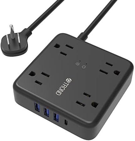 Surge Protector Power Strip USB - TROND Flat Plug Extension Cord 5ft with 1 USB-C & 3 USB-A Charging Ports, 4 Widely-Spaced Outlets, Wall Mountable, 1440J, Compact for Desktop Bedside Travel, Black