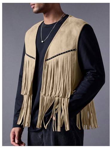 Image of OYOANGLE Men's Casual Suede Top Shirt Boho Fringe Trim Open Front Sleeveless Vest Jacket Waistcoat