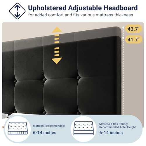 Image of Allewie Upholstered Full Size Platform Bed Frame with 4 Storage Drawers and Adjustable Headboard, Square Button Tufted, Wooden Slats Support, Noise-Free, No Box Spring Needed, Easy Assembly, Black