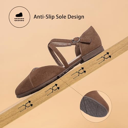 Saidoteto Women's Ankle Strap Flats - Comfortable Round Toe Dress Shoes with Adjustable Buckle, Criss-Cross Design for Work, Wedding, Office & Casual. Brown Size 11 WFT240810-034