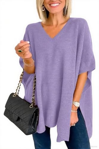 Image of Pinclodly Womens Poncho Sweater Women V Neck Ponchos and Wraps Batwing Sleeveless Shawl Pullover Sweaters Women's Clothing