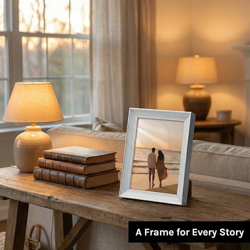 Image of Premium White Silver 5x7 Inch Small Photo Frame | Table Top Display with Clear Plexiglass | Photo Frames for Table, Perfect for Home Decor, Wedding, Anniversary, Memories & Gifts