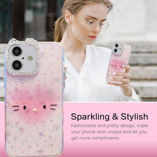 Image of mobistyle Designed for iPhone 16,Cute Sparkling Cat Pattern Camera Protection Back Cover Case for Women Girls | iPhone 16,Pink |
