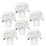 DIYDOFUN Flower Table Centerpieces - Set of 6 Floral Arrangement Artificial Wedding Hydrangeas Floral Arrangement with Rustic Metal Vase for Bridal Tea Party Event Decorations - White