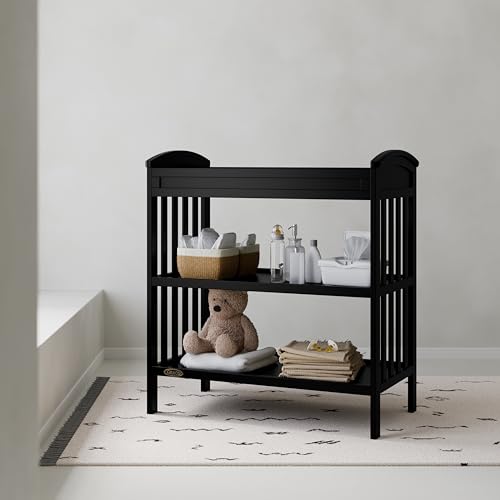 Image of Graco Benton Changing Table with Bonus Water-Resistant Changing Pad (Black) - GREENGUARD Gold Certified, Includes Diaper Change Pad with Safety Strap, 2 Open Storage Shelves for Organizing