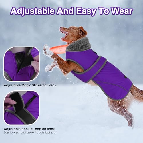 Image of Dogcheer Dog Coat, Waterproof Dog Jacket Reflective Pet Winter Coat with Adjustable Hook & Loop, Christmas Puppy Fleece Jacket Warm Turtleneck Snowsuit for Small Medium Large Dogs - Purple, 3XL
