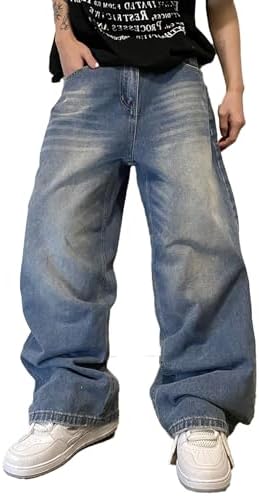 Mens Hip Hop Baggy Jeans Wide Leg Skater Jeans Casual Loose Denim Pants Y2k Skateboard Streetwear