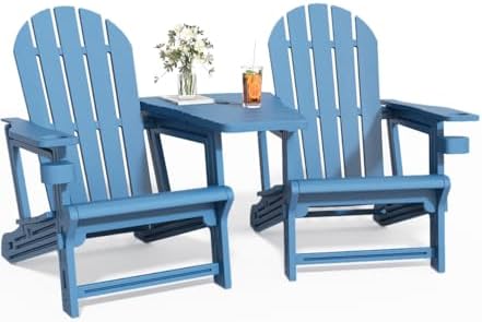 Tool-Free Adirondack Chair Set of 2, Ourdoor Fire Pit Chairs with Double Connecting Tray, Recycled HDPE, All-Weather Resistant for Deck, Poolside & Garden (Blue)