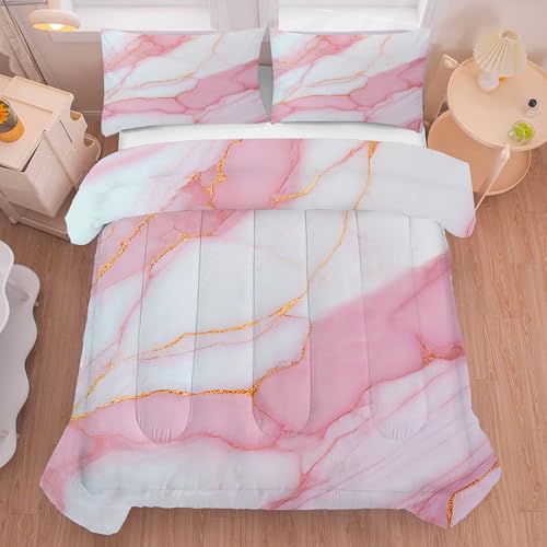 Marble Bedding Sets King Size Pale Pink Chic Gold Comforter Sets for Girls Teens Women Glitter Luxury Marbling Texture Quilt 1 Comforter + 2 Pillow Cases Lb01-08 King