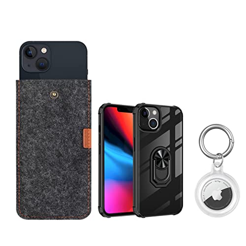 Langhuadd Handytasche handysocke aus Filz + iPhone 13 hülle/Schale/Bumper/Schutzhülle mit Ring Stoßfest Ständer + airtag anhänger/Airtag hülle/Airtag case(TPU) Cover