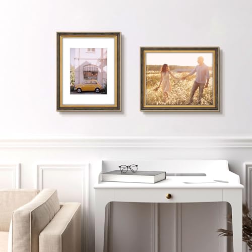 Image of Golden State Art,11x14 Ornate Picture Frame Holds 8x10 Photo,Black Gold | Includes real glass front,white mat,build-in hangers and buttons.Displays 8x10 photo on wall