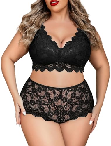 Avidlove Plus Size Lingerie Set for Women Sexy Lace Halter Bralette High Waist Panty Set