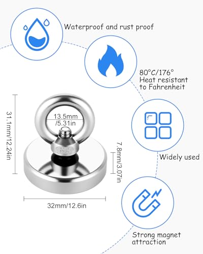 Cexovo 5 Stück Magnete Stark 32mm Durchmesser Neodym Magnet 32kg Super Starker Angelmagnet,Extra Starke Magnetfischen mit Öse Magneten für Magnetisches Fischen Teichbergung Zuhause Seen Rasen