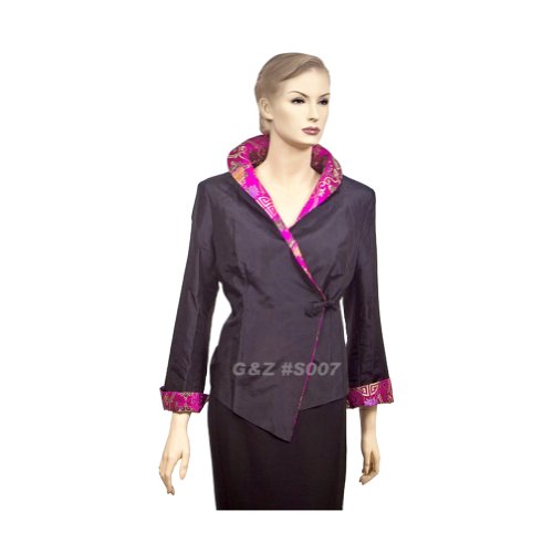Lady's Black 1-Button Jacket with Hot Pink Brocade Collar, Size L
