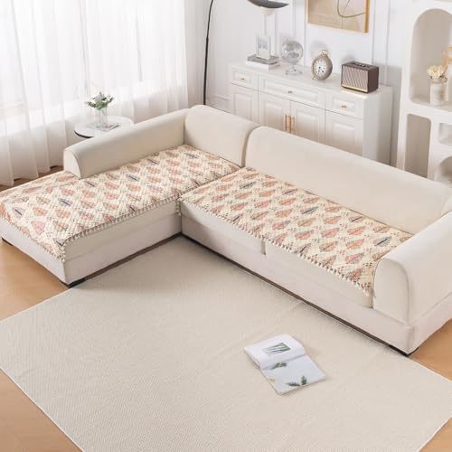 Image of HOKIPO Royal Kalamkari L Shape (3+3 Seater) Sofa Seat Mat with Tassel| Quilted Sofa Cover Mat, 'Tassel Twigs' Series (IN-986-T2*2)