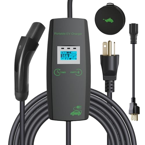 Level 1/2 EV Charger for NACS, 23ft Cable, Plug&Play, Adjustable Current & Timer, 120V-240V, NACS Connector Home EV Charger Compatible with Models Y/X/3/S (16Amp, NACS, NEMA 5-15 & 6-20 Plug)