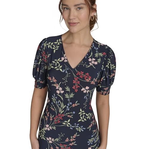 Image of Tommy Hilfiger Women's Short Puff Sleeve V-Neck Shift Mini Dress