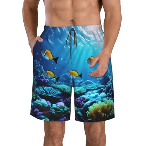 Tranquil Underwater Scenery Print Mens Casual Shorts Drawstring Summer Beach Stretch Shorts Novelty Swimtrunks