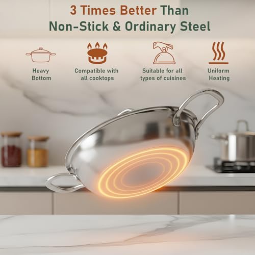 Image of Parage Tripure Tri-Ply Stainless Steel Kadai with Lid 22 cm, 1.5 LTR | ISI Mark Certified | Heavy Bottom SAS Triply Kadhai for Deep Frying & Cooking | Induction & Gas Stove Compatible, 5Years Warranty