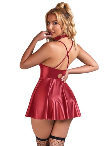 Image of ohyeah Faux Leather Lingerie Set for Women Plus Size PU Lingerie V Neck Backless Babydoll Chemise Mini Lingerie Dress