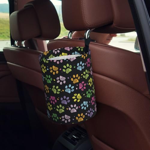 Image of Car Garbage Bag Colorful Paw Print Mini Car Trash Bin Portable Collapsible Waterproof Rubbish Bag for Car Accessories Back Front Seat Cup Holder
