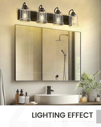 Image of zeyu Modern Bathroom Light Fixtures, 4 Light Vanity Lighting, 28.5 inch Bathroom Mirror Wall Light, Matte Black Finish with Clear Glass Shade, ZSL72B-4W BK