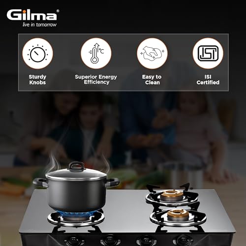 Image of Gilma Rio 4 Burner Gas Stove | Jumbo Brass Burner | 6mm Toughened Glass Top | Powder Coated Body | Vitreous Enamel Pan Supports | Gloss Black | Manual Ignition | 2 Years Warranty By Gilma