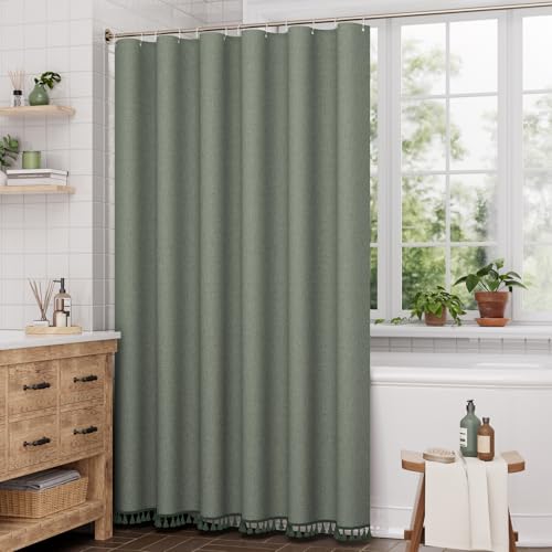 Image of AmazerBath Boho Shower Curtains for Bathroom, Farmhouse Shower Curtain with Tassels, Sage Green Shower Curtain Set, Faux Linen Fabric Shower Curtain with 12 Hooks, Hotel Quality, 72x72 Inches