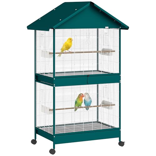 PawHut Grande Cage à Oiseaux Roulante, Volière Oiseaux Intérieur/Extérieur, Séparateur Amovible, 4 Mangeoires, 2 Perchoirs, 2 Plateaux, 94x70x158 cm