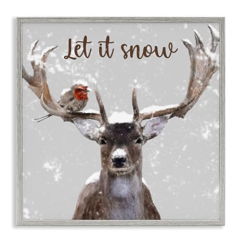 Winter Bird Deer Antlers Holiday, 17 x 17 Inch Framed Giclée Print